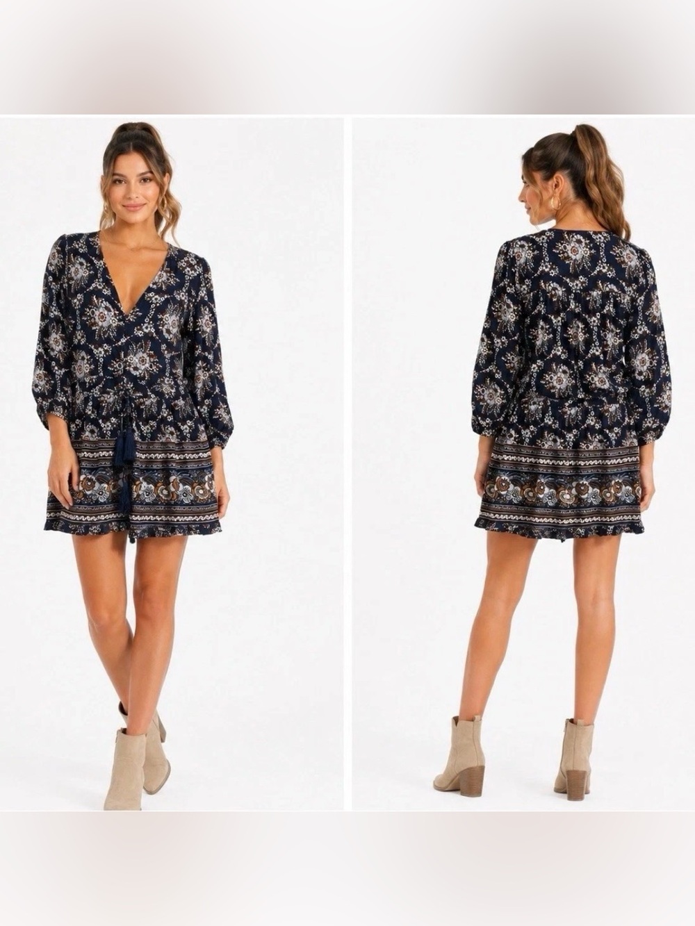 Olivaceous Navy Floral Tassel Drawstring Waist V-Neck Boho Mini  Dress Size S